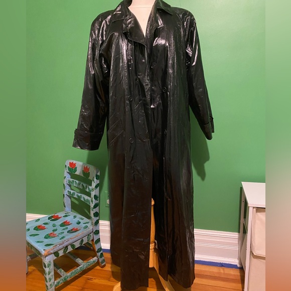 Vintage 80s Bill Blass Shiny Black Maxi Trench Coat With Wool Lining goth japan - Picture 2 of 16